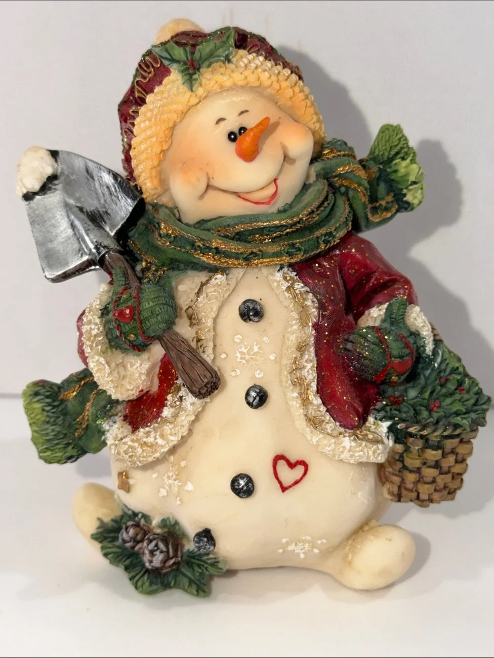Vintage 2002 Don Mechanic Snow Folk Figurine Snowman Shovel Basket Christmas